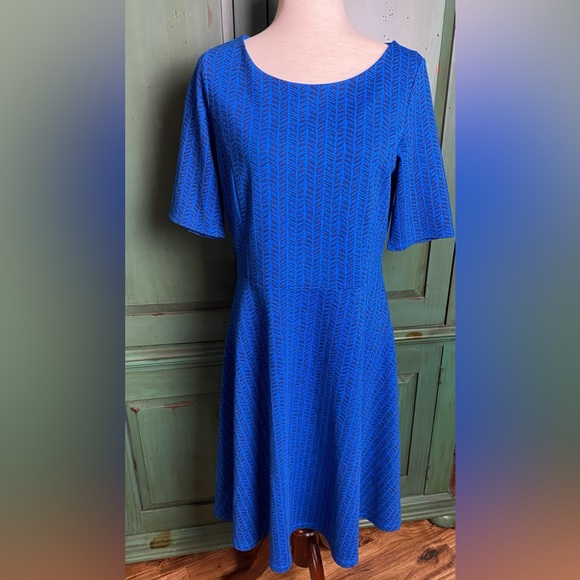 Lands End Elbow Sleeve Fit and Flare Dress Blue Black Medium (10-12) - Picture 1 of 5